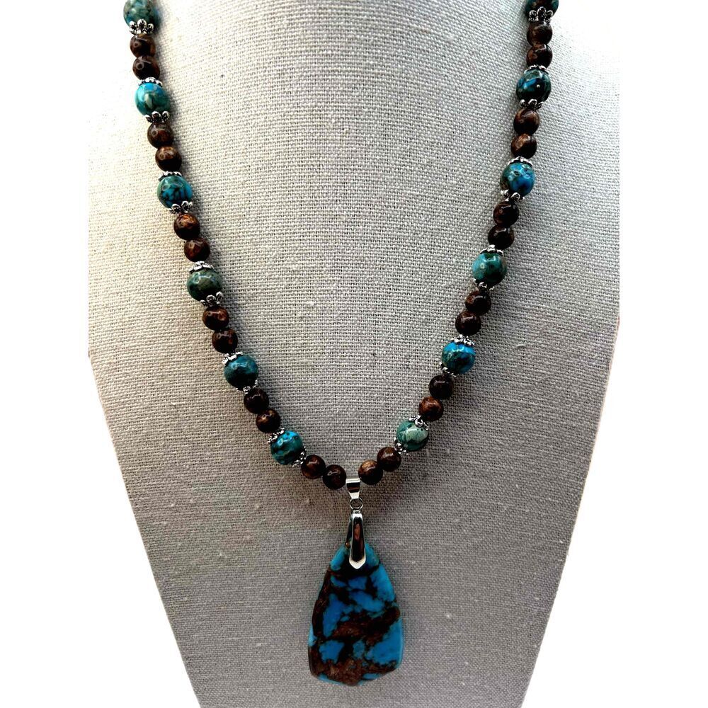 NEW Handmade Brown And Bluegreen Beaded Faux Turquoise Necklace - Picture 1 of 12
